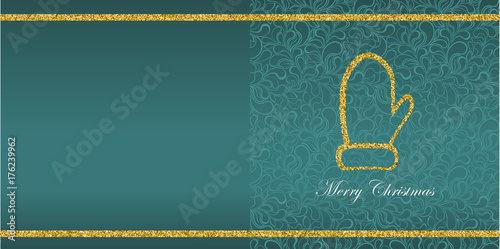 Greeting card with Christmas symbol from gold sequins and the inscription Merry Christmas. Floral background pattern. Glamour swirles. Vector.