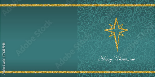 Greeting card with Christmas symbol from gold sequins and the inscription Merry Christmas. Floral background pattern. Glamour swirles. Vector.