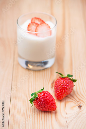 Strawberry Yoghurt. Healthy food with Strawberries and yoghurt breakfast on table.