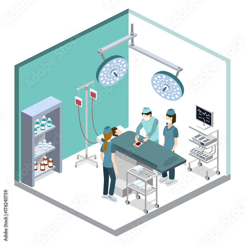 Isometric 3D vector illustration surgeon operates on the patient