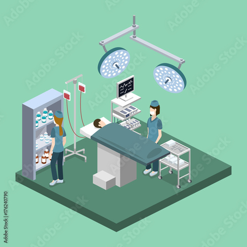 Isometric 3D vector illustration surgeon operates on the patient