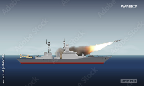 Warship shooting a rocket. Military ship and a missile on sea background. News image about the armed conflict