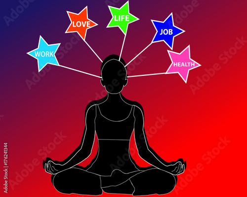 Young woman meditating for work and life balance. Healthy lifestyle and mindful meditation concept illustration vector.