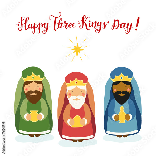 Cute Three Kings' Day card with hand drawn characters