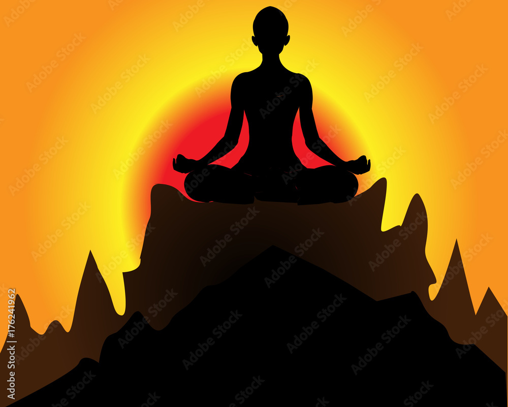 Young woman meditating in lotus pose sitting on mountain peak. Healthy lifestyle and mindful meditation concept illustration vector.