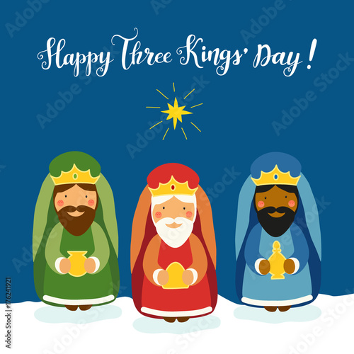 Cute Three Kings' Day card with hand drawn characters