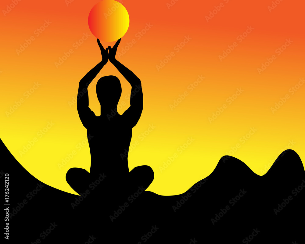 Young woman meditating in mountains at sunset. Healthy lifestyle and mindful meditation concept illustration vector.