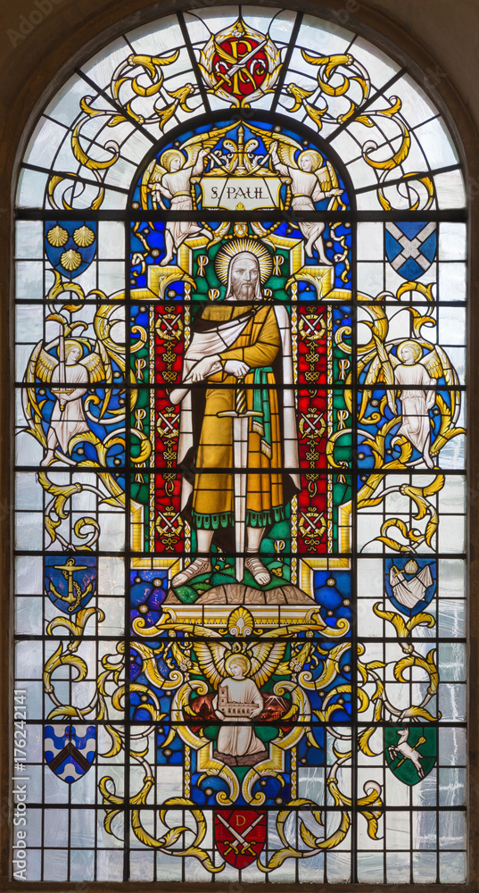 LONDON, GREAT BRITAIN - SEPTEMBER 14, 2017: The saint Paul the apostle on the stained glass in church St. Lawrence Jewry by Christopher Webb (half of 20. cent.)