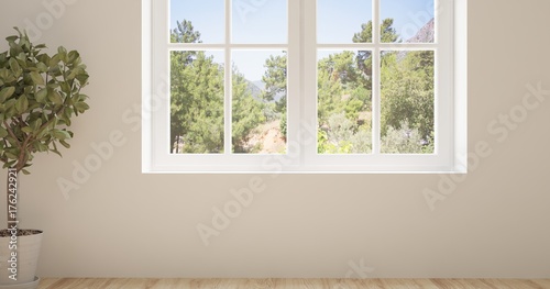 Idea of white empty room with summer landscape in window. Scandinavian interior design. 3D illustration