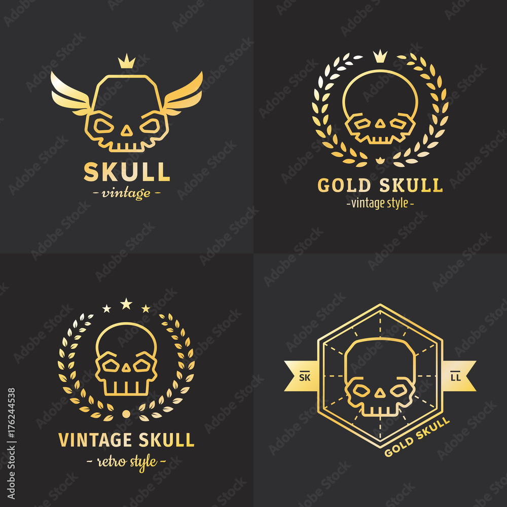 Skulls outline gold logo vector set. Part four.