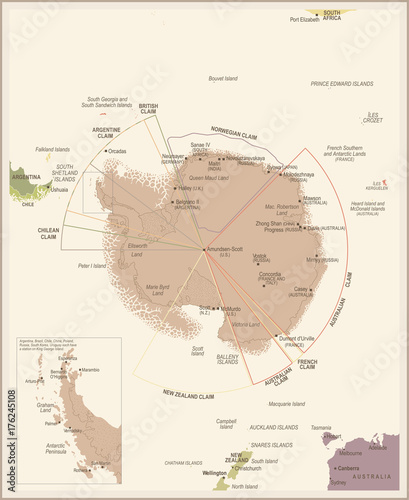 Antarctic region Map - Vintage Vector Illustration