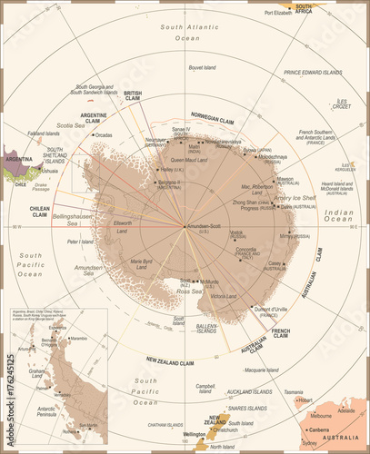 Antarctic region Map - Vintage Vector Illustration