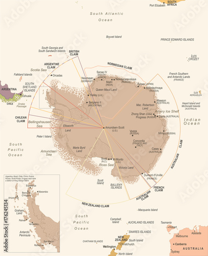 Antarctic region Map - Vintage Vector Illustration