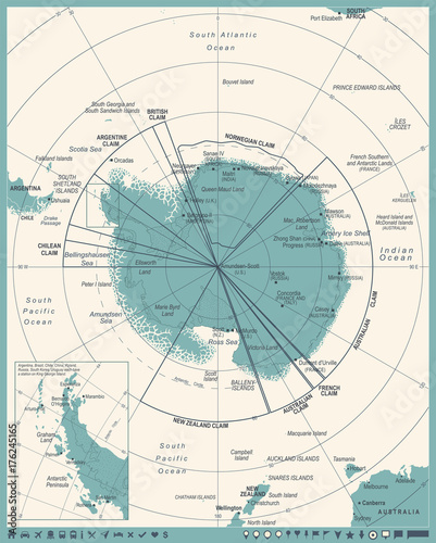 Antarctic region Map - Vintage Vector Illustration © Porcupen
