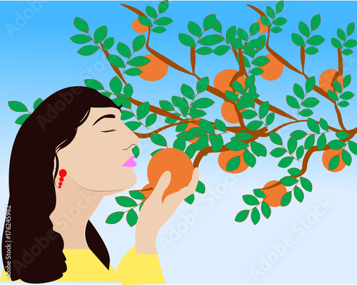 Beautiful young woman smelling ripe grapefruits on the tree. Sustainable living, contact with nature, healthy food and lifestyle concept illustration vector.