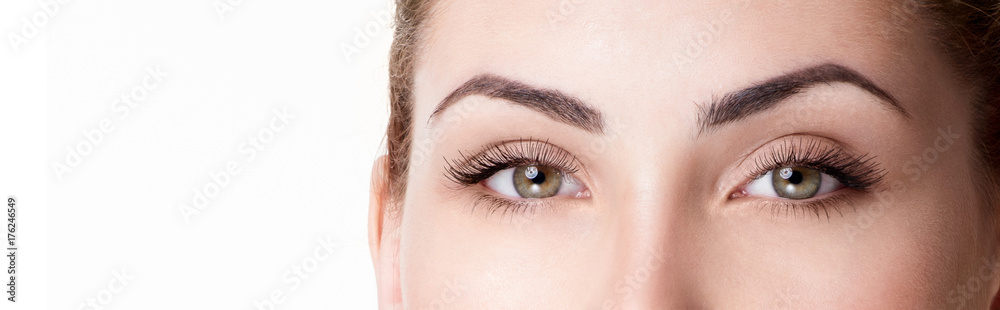Closeup shot of woman eye with day makeup. Long eyelashes Closeup shot of woman eye with day makeup. Long eyelashes