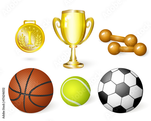 vector flat sport equipment set. basketball, football or soccer, tennis ball ,dumbbells golden cup and first place medal trophy award objects . Isolated illustration on a white background