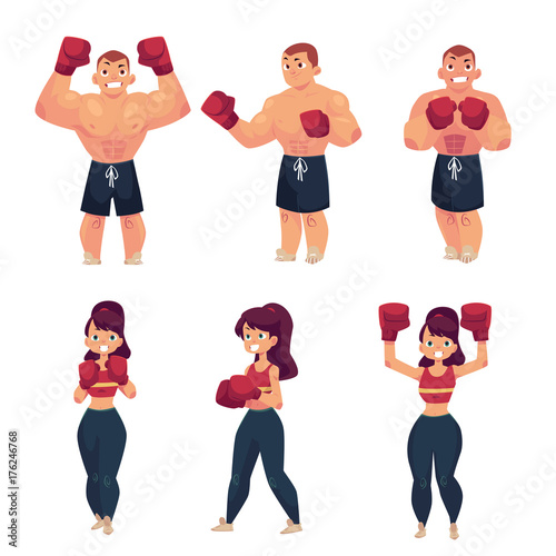 vector cartoon muscular strong cute beautiful woman, girl and handsome man stand in different poses with red boxing gloves smiling set. Isolated illustration on a white background.
