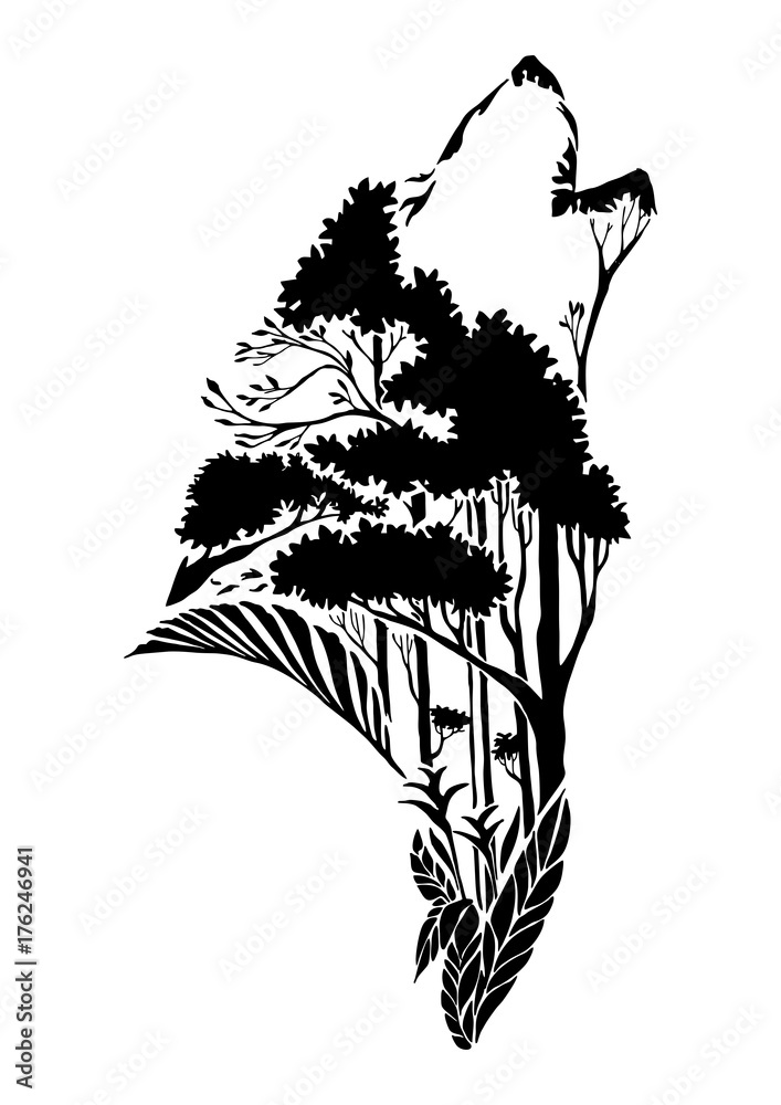 Fototapeta premium czarna sylwetka głowa wilka wyjąca plemienny tatuaż z elementem ziemi lub elementem ziemi w projekcie koncepcyjnym lasu tropikalnego z izolowanym tłem