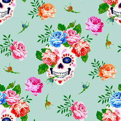 Sierkussen Doodshoofd met bloemen patronen Schedel met roos bloemenpatroon  © LilaloveDesign