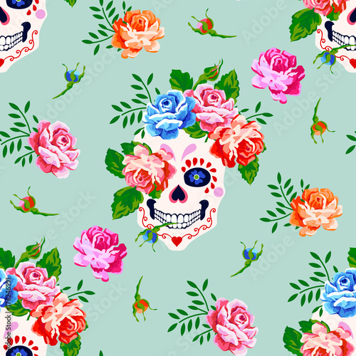 Seamless pattern with skull and rose. Floral skull background photo
