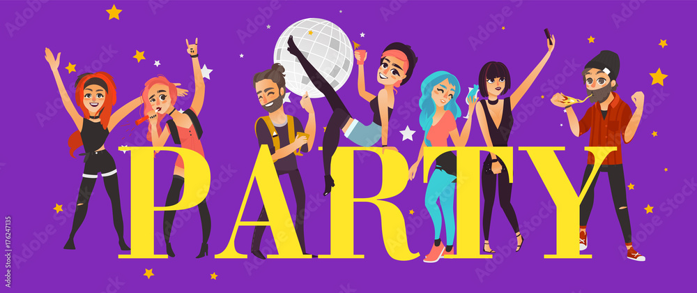 Party banner, poster with friends having fun in club, at disco, flat cartoon vector illustration isolated on purple background. Young people, boys and girls, having fan and party word in big letters Party banner, poster with friends having fun in club, at disco, flat cartoon vector illustration isolated on purple background. Young people, boys and girls, having fan and party word in big letters