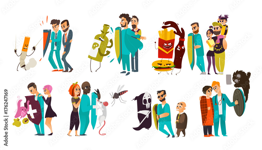 Big set of doctors who fight diseases, hold a shield to protect patients from problems, flat cartoon vector illustration isolated on white background. Doctor fight, physical and psychiatric protection