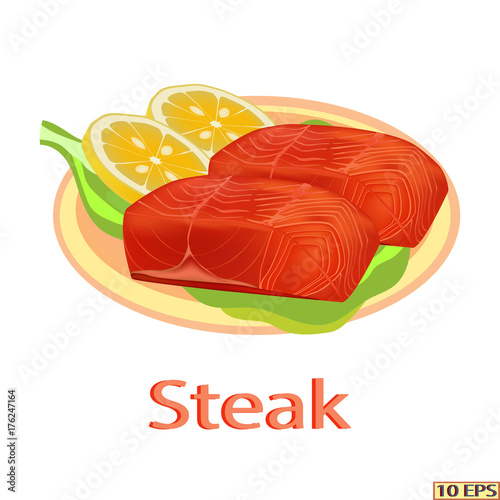 Salmon. Fish. Steak salmon isolated on white background. steak fish in realistic style. Fillet. Sea food product design. Vector illustration.