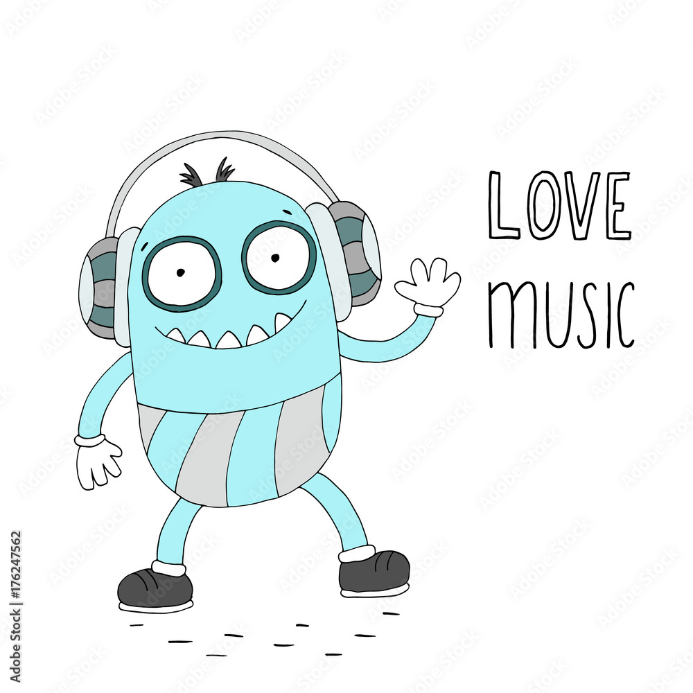 Love music card. Hand Drawn cute cartoon Smiling monster.
