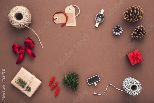 Christmas decoration on brown background.