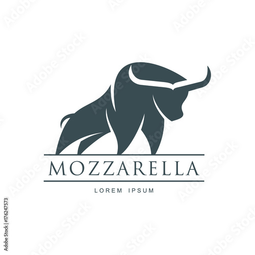 Buffalo mozzarella italian cheese brand, logo design icon pictrogram silhouette. Horned bull illustration with mozzarela inscription. Isolated flat illustration on a white background.