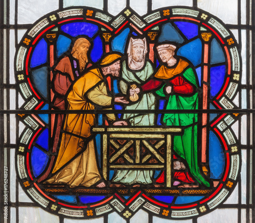 LONDON, GREAT BRITAIN - SEPTEMBER 14, 2017: The Betrayal of Judas on the stained glass in the church St. Michael Cornhill by Clayton and Bell from 19. cent.
