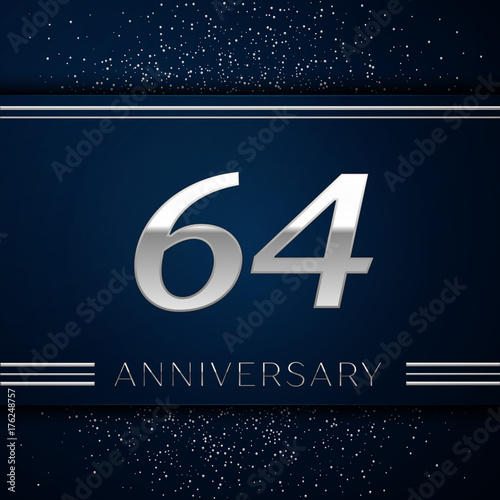 Realistic Sixty four Years Anniversary Celebration Logotype. Silver numbers and silver confetti on blue background. Colorful Vector template elements for your birthday party photo