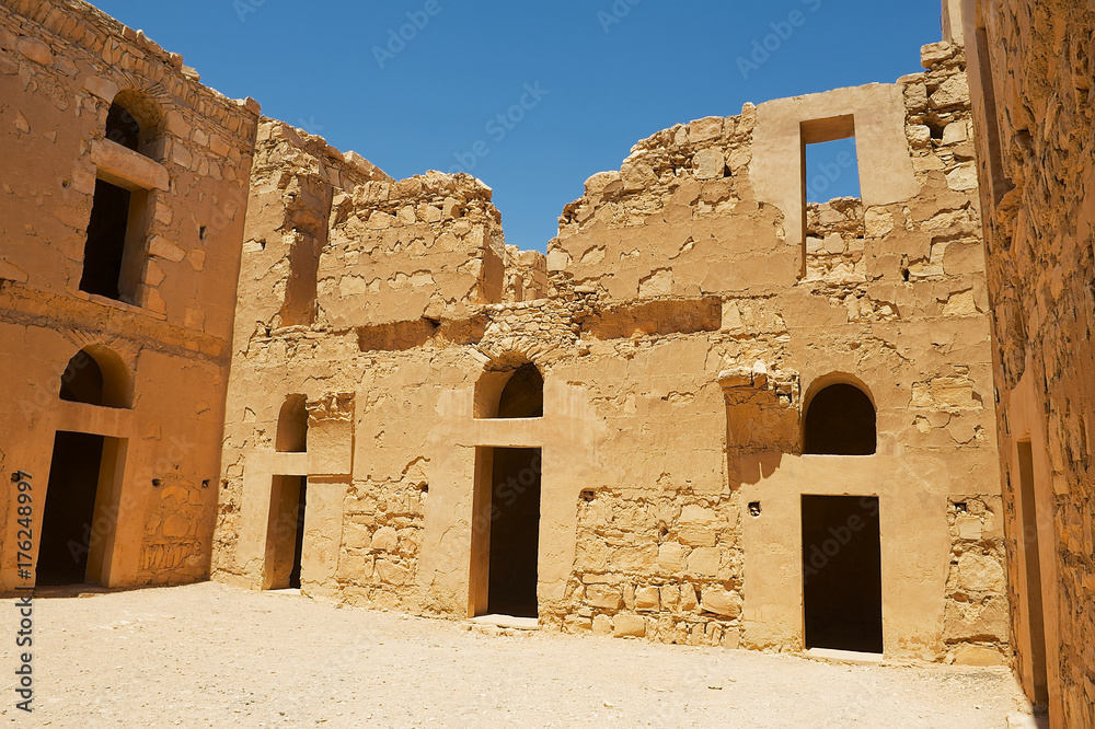Interior yard of the abandoned desert castle Qasr Kharana (Kharanah or Harrana) near Amman, Jordan. Built in 8th century, used as caravanserai.