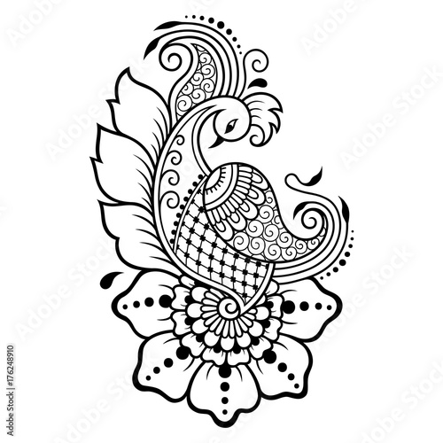 Henna tattoo flower and bird template. Peacock in nehndi style. Set of ornamental patterns in the oriental style.