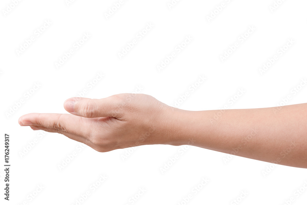 Woman beautiful hand holding something like a open and ready help or receive isolated on white with clipping path Woman beautiful hand holding something like a open and ready help or receive isolated on white with clipping path