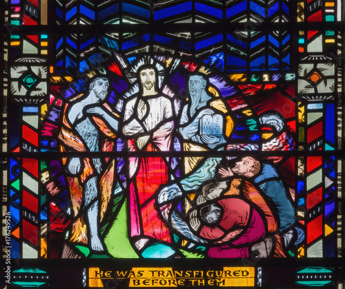 LONDON, GREAT BRITAIN - SEPTEMBER 16, 2017: The stained glass of Last Supper in church St Etheldreda by Charles Blakeman (1953 - 1953).
