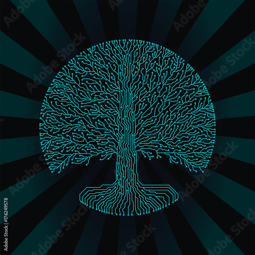Hi-tech circuit style round yggdrasil tree. Cyberpunk futuristic design.