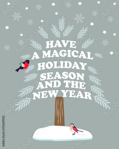 Christmas, New Year greeting card with holiday wishes and birds.