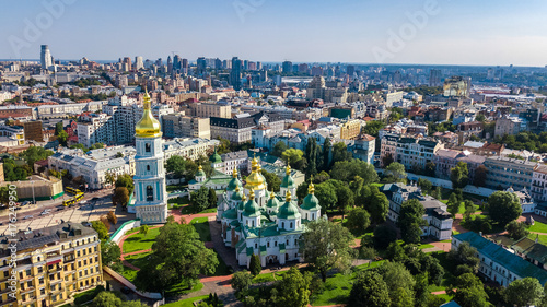 Aerial top view of St Sophia cathedral and Kiev city skyline from above, Kyiv cityscape, capital of Ukraine
 photo