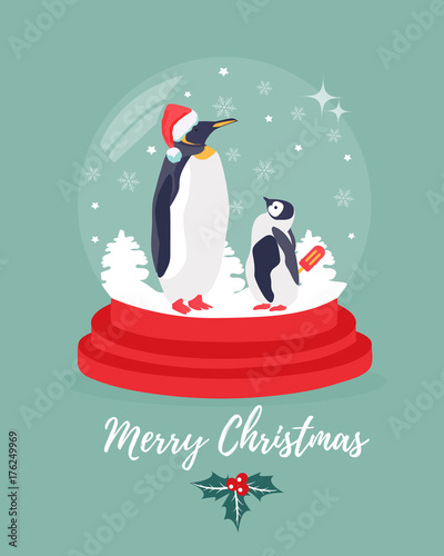 Christmas, New Year background with snowball and penguins inside.