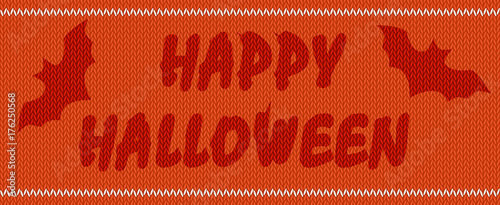 Words Happy Halloween on the background of knitted texture. Vector illustration in vivid, rich tones. Good for web banner, design element, independent project.  Orange wool melange yarn.