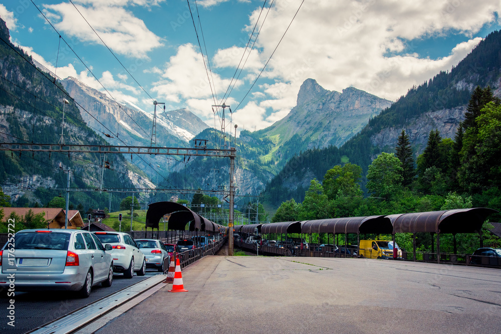 Row of cars to get in the car trains between Kandersteg and Goppenstein