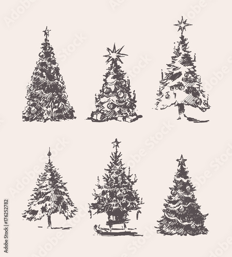 Set drawn Christmas Trees vintage vector sketch