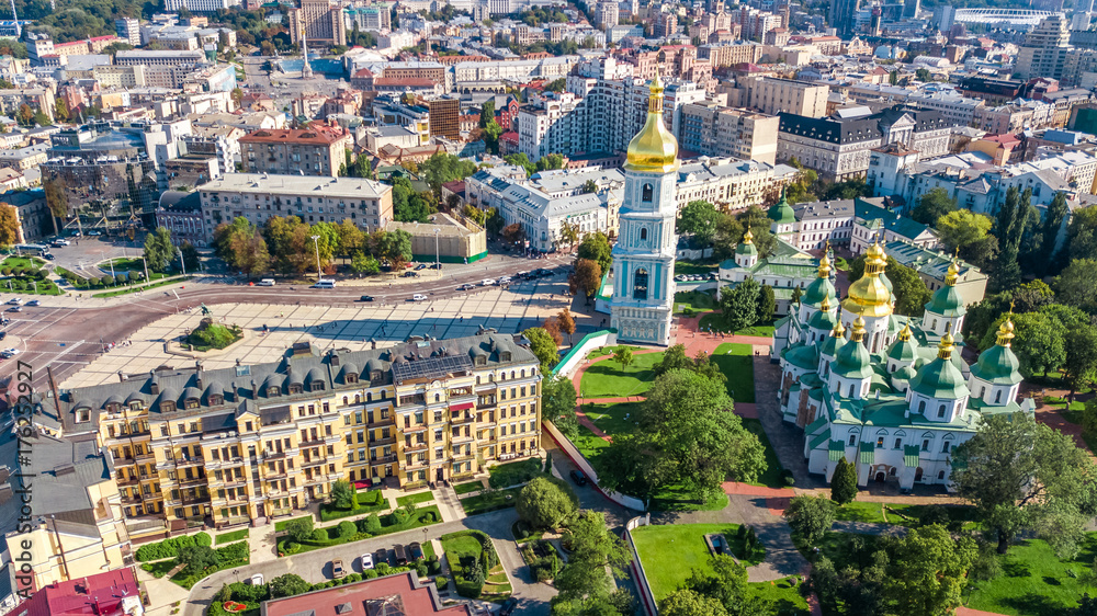 Aerial top view of St Sophia cathedral and Kiev city skyline from above, Kyiv cityscape, capital of Ukraine
