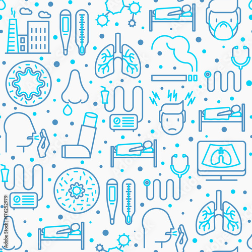 Bronchitis seamless pattern with thin line icons of symptoms and treatments: headache, alveolus, inhaler, nebulizer, stethoscope, thermometer, x-ray, bed rest. Vector illustration.