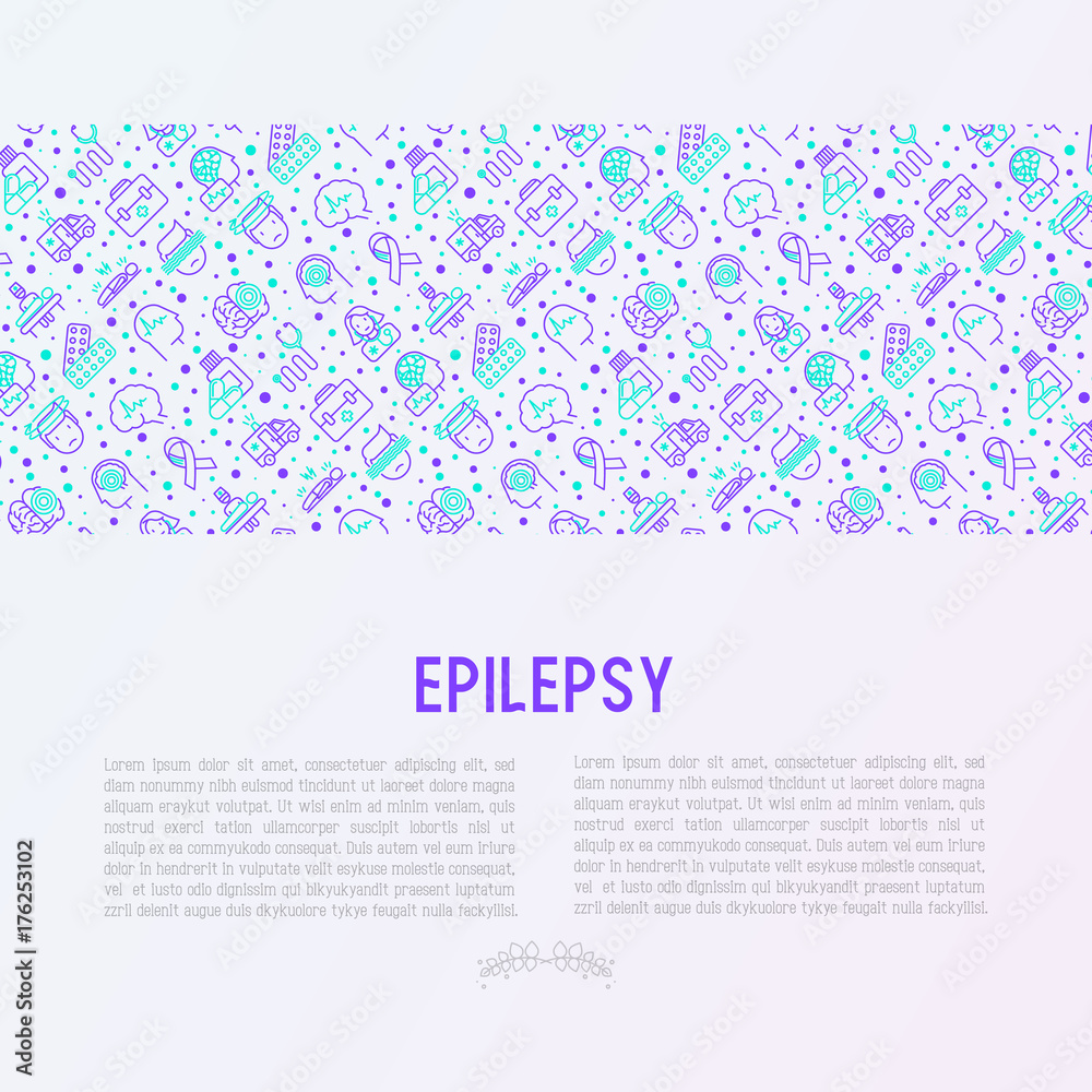 Epilepsy concept with thin line icons of symptoms and treatments: convulsion, disorder, dizziness, brain scan. World epilepsy day. Vector illustration for banner, web page, print media.