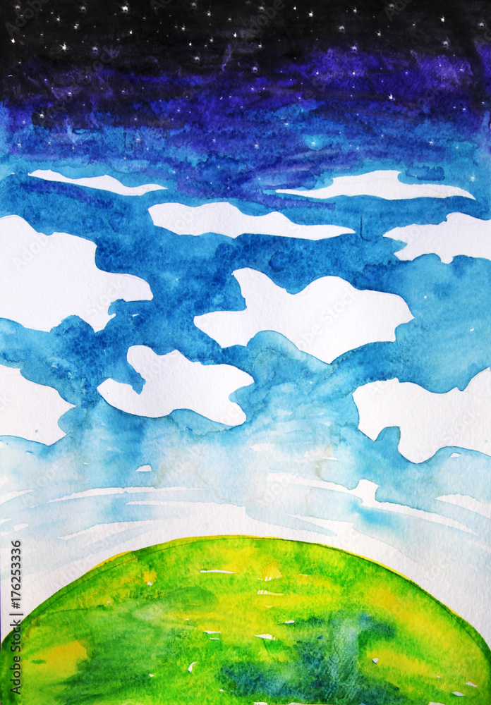 watercolor cartoon drawing of the planet, clouds and space