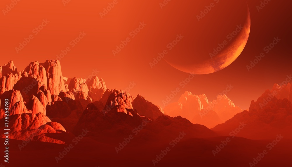 red desert, rocky surface of Mars, 3d rendering