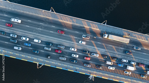 Cuadro en lienzo Aerial top view of bridge road automobile traffic jam of many cars from above, c